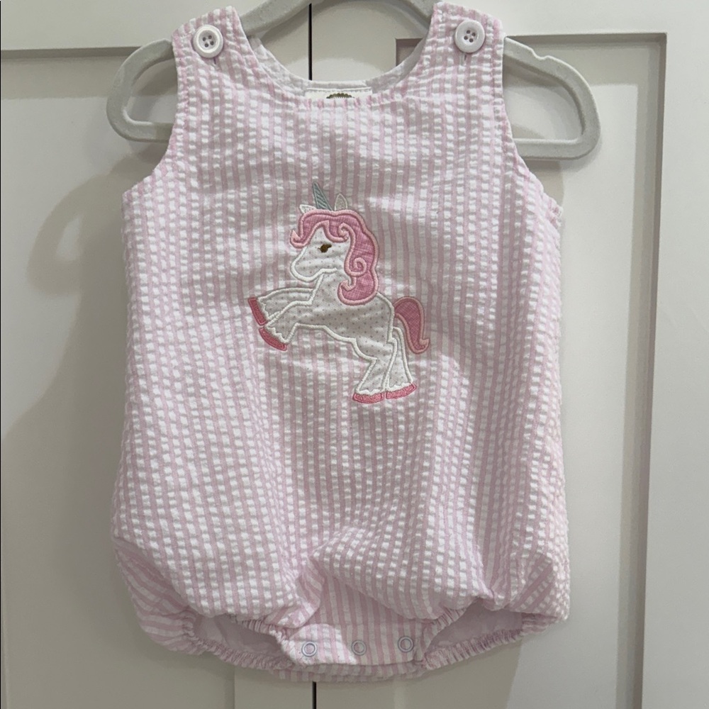 Blanke Boutique Pink/White Seersucker Bubble with Unicorn Appliqué 12M